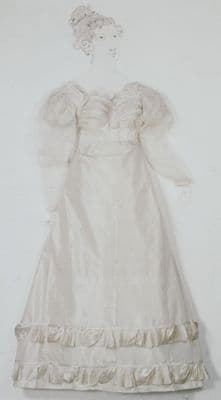 White silk wedding dress trimmed with satin and silk net oversleeves; England, worn in 1821.