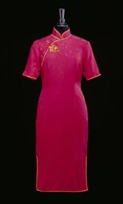 Dress for a woman (<i>qipao</i>), fragment and buttons, made by Ching Wah Leung of Linva Tailor, Hong Kong, 1995
