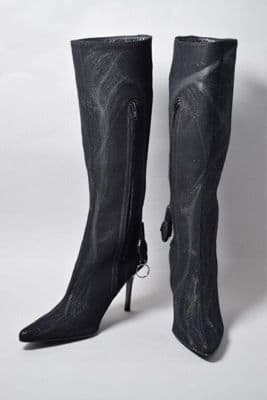 Black Leather Mesh Knee-High Stiletto Boots