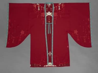 Deep Red Chiffon Tang-Inspired Robe with Gold Accents