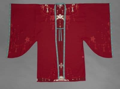 Deep Red Chiffon Tang-Inspired Robe with Gold Accents