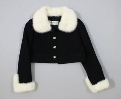 Black Wool Bouclé Jacket with Cream Fur Trim