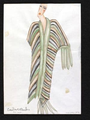 Zandra Rhodes: design for a fur coat, pen, ink and colour wash drawing, 1968