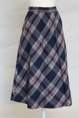 Navy Blue Burgundy Wool Plaid A-Line Skirt