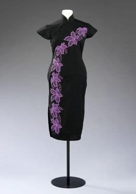 Dress (<i>cheongsam</i> or <i>qipao</i>), black silk decorated with machine embroidered purple vine leaves, Hong Kong, 1950s