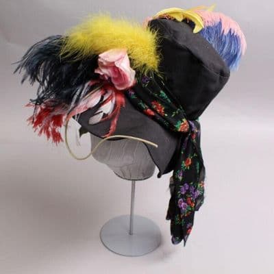Black Felt Hat with Ostrich Feathers and Flowers