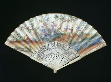 Watercolor Paper Fan with Carved Ivory Chinoiserie