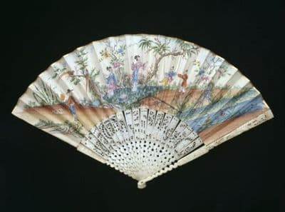 Watercolor Paper Fan with Carved Ivory Chinoiserie