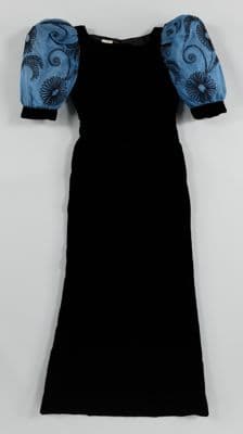 Black Velveteen Peplum Dress with Blue Embroidered Puff Sleeves