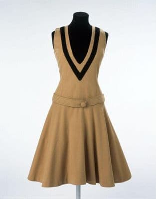 Brown Wool Shift Dress with Black Geometric Trim