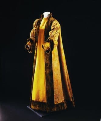 Golden Yellow Silk Cotton Brocade Tea Gown