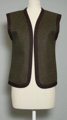 Olive Green Wool Tweed Waistcoat with Brown Trim