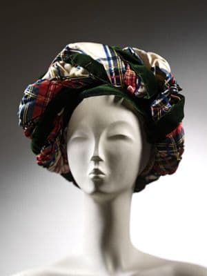White Tartan Silk Turban Hat with Green Ribbon