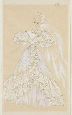 White Silk Wedding Gown with Lace Flounces