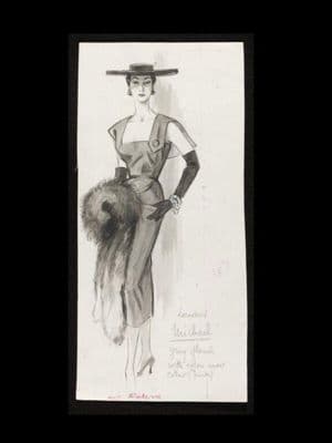 Marcel Fromenti. Cocktail dress by Michael Donéllan. Drawn for <i>The Lady</i>. 1953-54