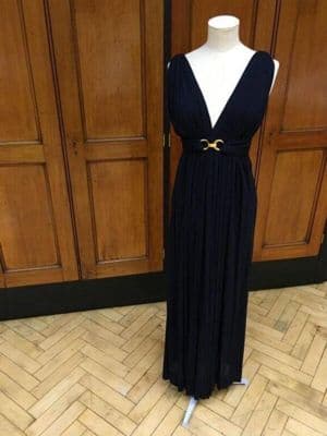 Navy Blue Jersey Plunging V-Neck Evening Gown