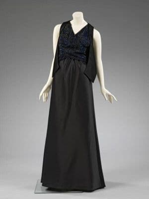 Black Silk Satin Gown with Blue Crystal Embroidery