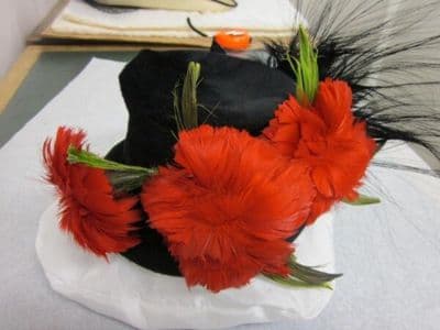 Black Faux Fur Felt Hat with Orange Feathers