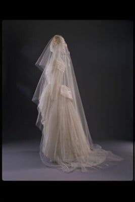 Tulle wedding veil with satin and silk hair tie, designed by Frederick Fox, Great Britain, 1987