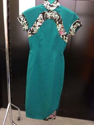 Teal Embroidered Wool Qipao with Floral Trim
