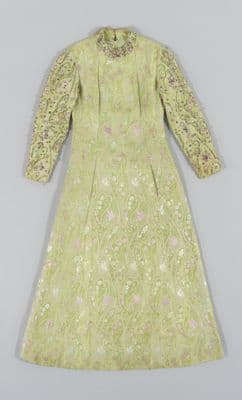 Lime Green Brocade Dress with Rhinestone Beading