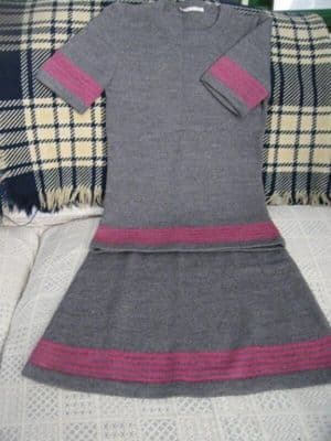 Grey Wool Knit Twin Set with Pink Stripes