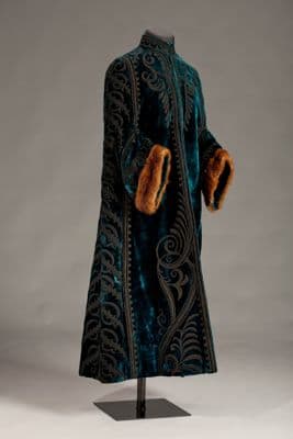 Deep Teal Silk Velvet Evening Coat with Black Scrollwork
