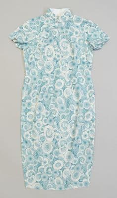 Light Blue Jersey Qipao with White Floral Print