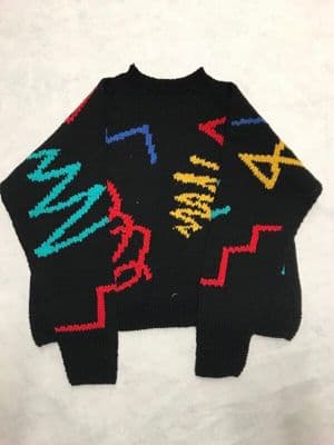 Black Wool Oversized Sweater with Colorful Scribble Intarsia
