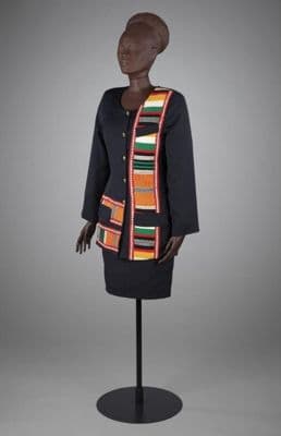 Black Wool Ensemble with Multicolored Woven Panel