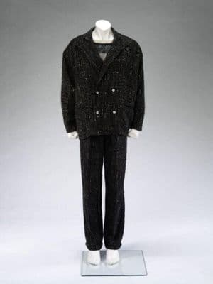 Black Wool Tweed Double-Breasted Suit with Green Flecking