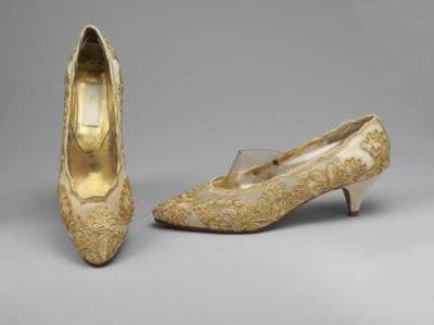 Gold Embroidered Gauze Evening Pumps with Leather