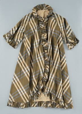 Green Beige Plaid Taffeta Opera Coat with Ruffles