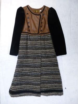 Brown Leather Midi Coat with Black Faux Fur Sleeves