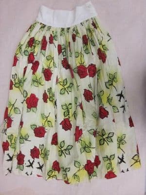 Cream Cotton Gathered Midi Skirt with Floral Print