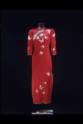 Red Silk Satin Qipao with White Butterfly Embroidery