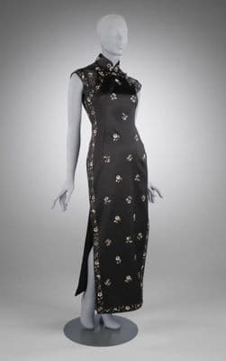 Black Silk Satin Qipao with Gold Embroidery