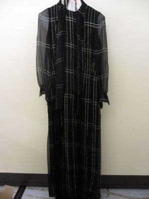 Black Silk Crepe Maxi Dress White Grid Pattern