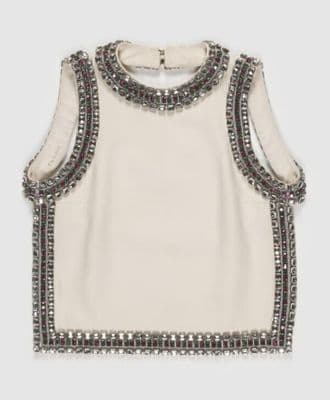 Cream Wool Sleeveless Top with Metallic Embellishment