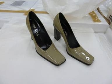 Pearlescent Olive Green Patent Leather Square-Toe Pumps