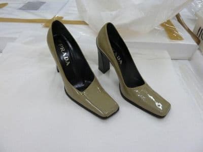 Pearlescent Olive Green Patent Leather Square-Toe Pumps