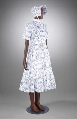 White Cotton Midi Prairie Dress with Blue Floral Print