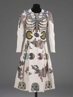 Cream Silk Anatomical Print Crystal Embellished Dress