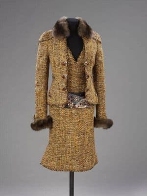 Brown Bouclé Wool Suit with Fur Trim
