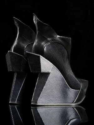 Black Leather Architectural Platform Boots with Metallic Accents