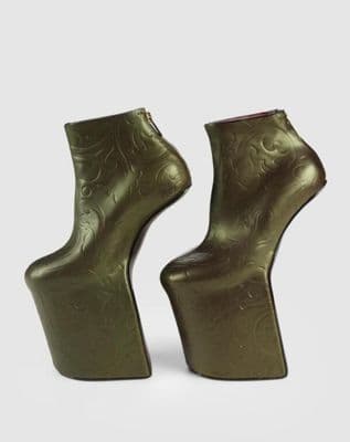Olive Green Leather Heel-less Platform Shoes