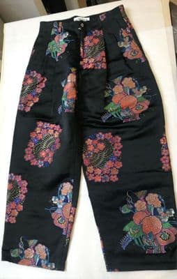 Black Wide-Leg Trousers with Floral Bouquet Print