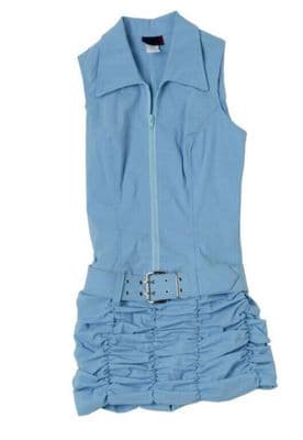 Blue Cotton Sleeveless Zip-Front Dress with Ruched Skirt