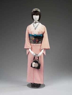 Pink White Striped Silk Kimono with Obi