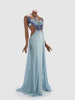 Blue Silk Satin Gown with Beaded Falcon Embroidery